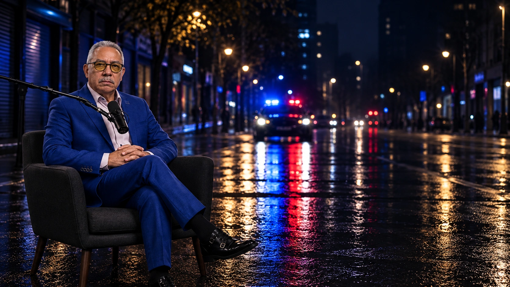 Joel García sentado en una silla de podcast en una calle nocturna con un vehículo policial al fondo y una silla vacía al lado
